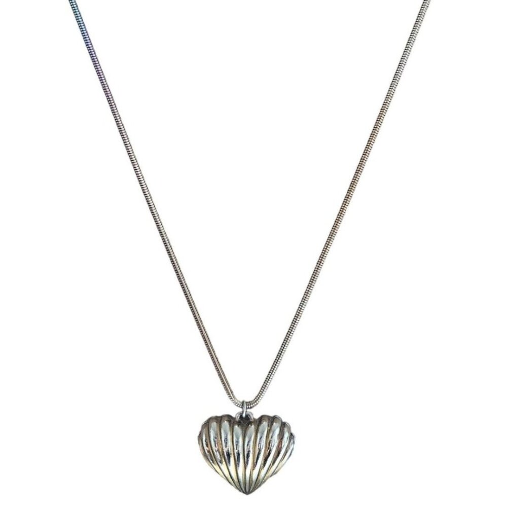 Vintage Two Tone Ribbed Heart Pendant Necklace Snake Chain Valentines Day Gift